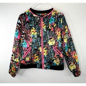 Forever 21 Satin Bomber Jacket S Black Blue Pink Bird Print Fleur De Lis Zip